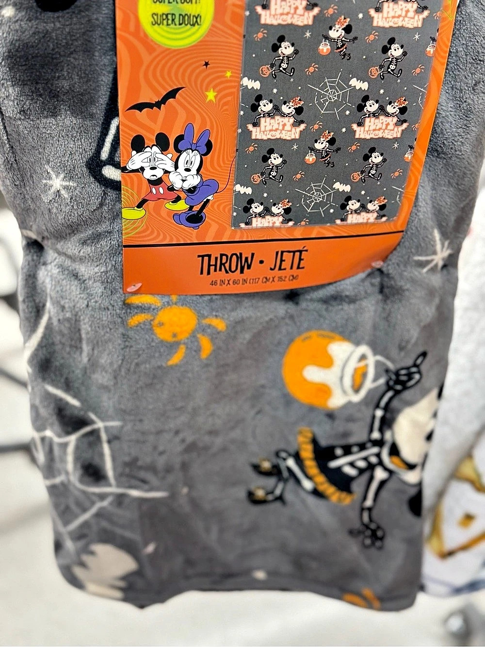 Disney Mickey and Minnie Mouse Halloween Skeleton Throw Blanket Gray & Orange N